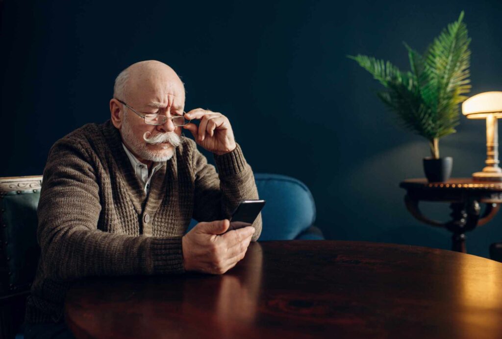 Älterer Mann mit Brille schaut konzentriert auf Smartphone – Herausforderung der digitalen Barrierefreiheit im Alter.